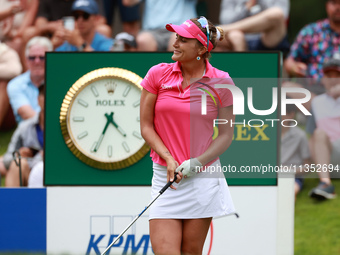 Lexi Thompson of Florida reacts to her shot from the 17th tee during the third round of the KPMG Women's PGA Championship at Sahalee Country...