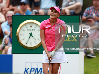 Lexi Thompson of Florida reacts to her shot from the 17th tee during the third round of the KPMG Women's PGA Championship at Sahalee Country...