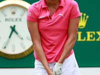 Lexi Thompson of Florida reacts to her shot from the 17th tee during the third round of the KPMG Women's PGA Championship at Sahalee Country...