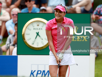 Lexi Thompson of Florida reacts to her shot from the 17th tee during the third round of the KPMG Women's PGA Championship at Sahalee Country...