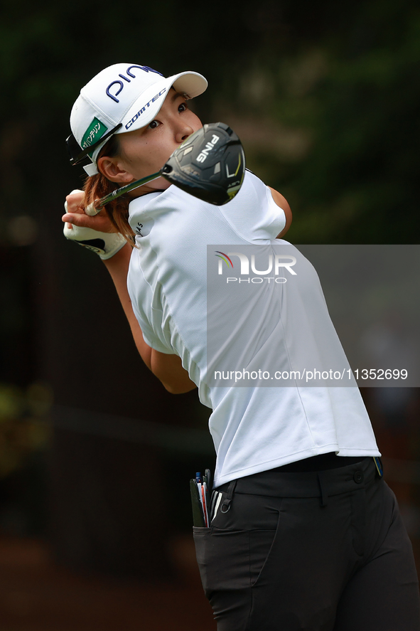 Hinako Shibuno of Japan tees off on the 6th hole during Day Three of the KPMG Women's PGA Championship at Sahalee Country Club in Sammamish,...