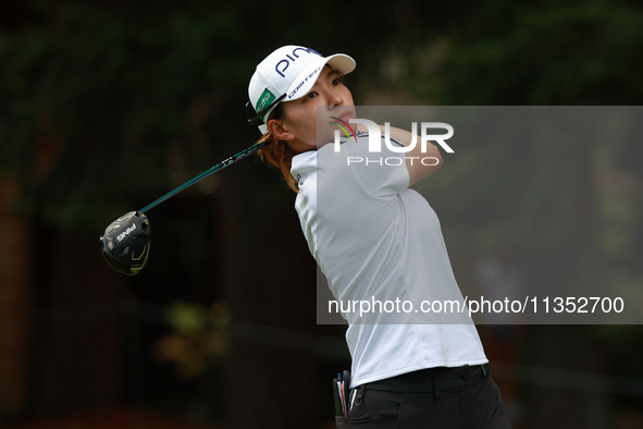 Hinako Shibuno of Japan tees off on the 6th hole during Day Three of the KPMG Women's PGA Championship at Sahalee Country Club in Sammamish,...