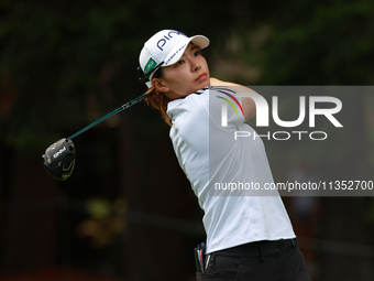 Hinako Shibuno of Japan tees off on the 6th hole during Day Three of the KPMG Women's PGA Championship at Sahalee Country Club in Sammamish,...