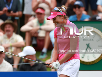 Lexi Thompson of Florida reacts to her shot from the 17th tee during the third round of the KPMG Women's PGA Championship at Sahalee Country...