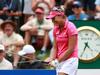 Lexi Thompson of Florida reacts to her shot from the 17th tee during the third round of the KPMG Women's PGA Championship at Sahalee Country...