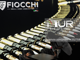 VILLEPINTE, FRANCE - JUNE 21: 
Logo of Fiocchi Munizioni, one of Italy's largest and oldest manufacturers of ammunition, seen Fiocchi stand,...