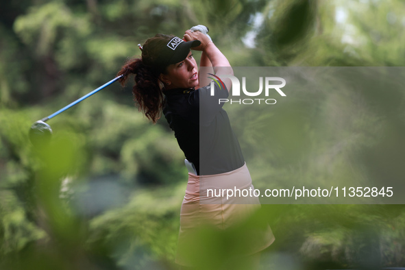 Georgia Hall of England tees off on the 11th hole during Day Three of the KPMG Women's PGA Championship at Sahalee Country Club in Sammamish...