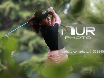 Georgia Hall of England tees off on the 11th hole during Day Three of the KPMG Women's PGA Championship at Sahalee Country Club in Sammamish...