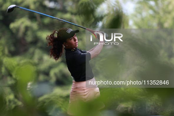 Georgia Hall of England tees off on the 11th hole during Day Three of the KPMG Women's PGA Championship at Sahalee Country Club in Sammamish...