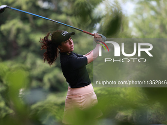 Georgia Hall of England tees off on the 11th hole during Day Three of the KPMG Women's PGA Championship at Sahalee Country Club in Sammamish...