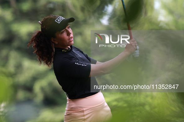 Georgia Hall of England tees off on the 11th hole during Day Three of the KPMG Women's PGA Championship at Sahalee Country Club in Sammamish...