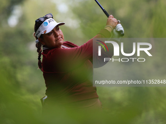 Lizette Salas of the United States tees off on the 11th hole during Day Three of the KPMG Women's PGA Championship at Sahalee Country Club i...