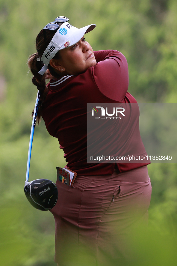 Lizette Salas of the United States tees off on the 11th hole during Day Three of the KPMG Women's PGA Championship at Sahalee Country Club i...