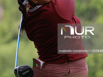 Lizette Salas of the United States tees off on the 11th hole during Day Three of the KPMG Women's PGA Championship at Sahalee Country Club i...