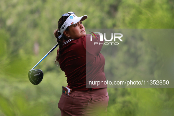 Lizette Salas of the United States tees off on the 11th hole during Day Three of the KPMG Women's PGA Championship at Sahalee Country Club i...