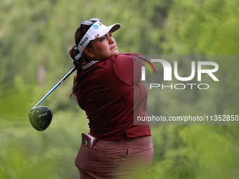 Lizette Salas of the United States tees off on the 11th hole during Day Three of the KPMG Women's PGA Championship at Sahalee Country Club i...