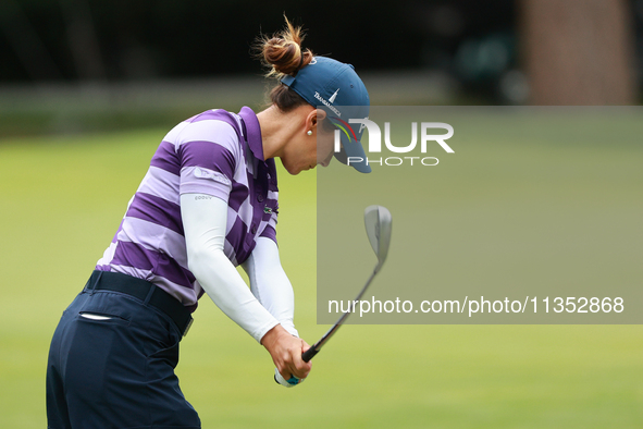 Azahara Munoz of Spain plays her shot toward the 10th green during Day Three of the KPMG Women's PGA Championship at Sahalee Country Club in...