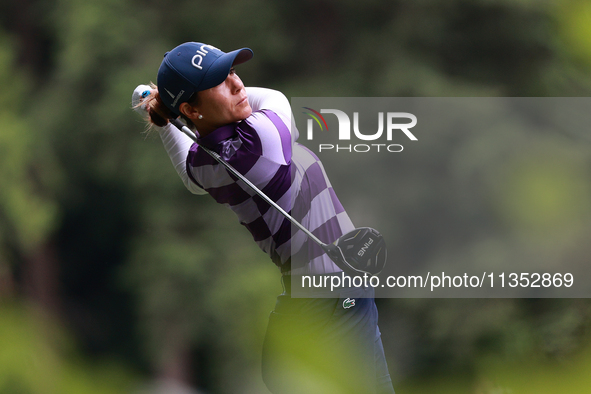 Azahara Munoz of Spain tees off on the 11th hole during Day Three of the KPMG Women's PGA Championship at Sahalee Country Club in Sammamish,...