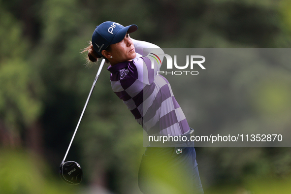 Azahara Munoz of Spain tees off on the 11th hole during Day Three of the KPMG Women's PGA Championship at Sahalee Country Club in Sammamish,...