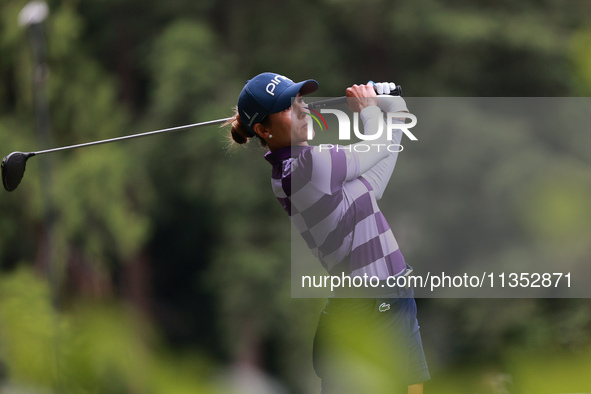 Azahara Munoz of Spain tees off on the 11th hole during Day Three of the KPMG Women's PGA Championship at Sahalee Country Club in Sammamish,...