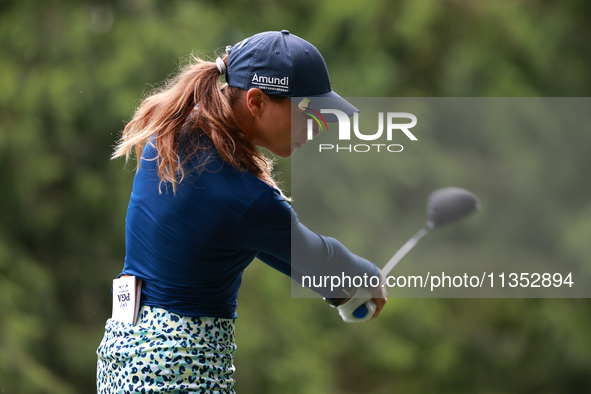 Morgane Metraux of Switzerland tees off on the 11th hole during Day Three of the KPMG Women's PGA Championship at Sahalee Country Club in Sa...