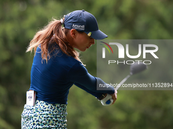 Morgane Metraux of Switzerland tees off on the 11th hole during Day Three of the KPMG Women's PGA Championship at Sahalee Country Club in Sa...