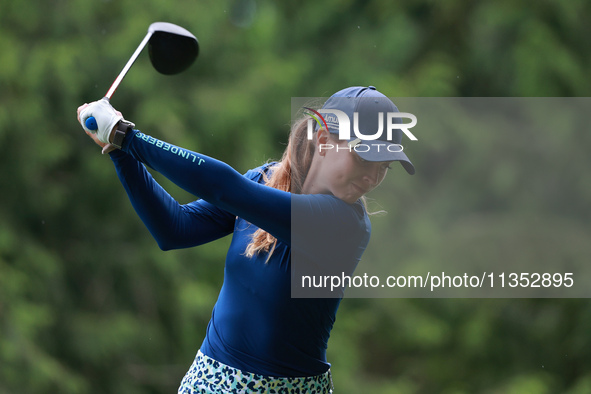 Morgane Metraux of Switzerland tees off on the 11th hole during Day Three of the KPMG Women's PGA Championship at Sahalee Country Club in Sa...