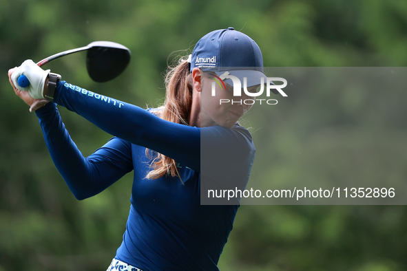 Morgane Metraux of Switzerland tees off on the 11th hole during Day Three of the KPMG Women's PGA Championship at Sahalee Country Club in Sa...