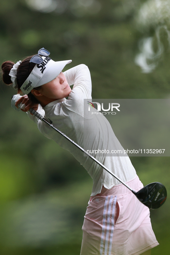 Grace Kim Australia tees off on the 11th hole during Day Three of the KPMG Women's PGA Championship at Sahalee Country Club in Sammamish, Wa...