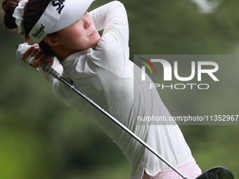 Grace Kim Australia tees off on the 11th hole during Day Three of the KPMG Women's PGA Championship at Sahalee Country Club in Sammamish, Wa...