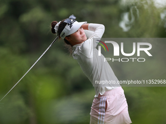 Grace Kim Australia tees off on the 11th hole during Day Three of the KPMG Women's PGA Championship at Sahalee Country Club in Sammamish, Wa...