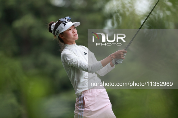 Grace Kim Australia tees off on the 11th hole during Day Three of the KPMG Women's PGA Championship at Sahalee Country Club in Sammamish, Wa...