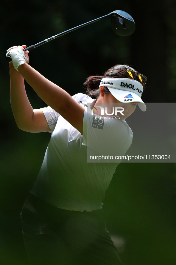 Haeran Ryu of Republic of Korea tees off on the second hole during Day Three of the KPMG Women's PGA Championship at Sahalee Country Club in...