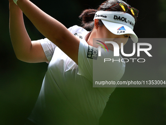 Haeran Ryu of Republic of Korea tees off on the second hole during Day Three of the KPMG Women's PGA Championship at Sahalee Country Club in...