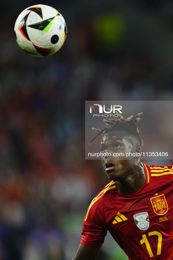 Nico Williams left winger of Spain and Athletic Club Bilbao during the UEFA EURO 2024 group stage match between Spain and Italy at Arena Auf...