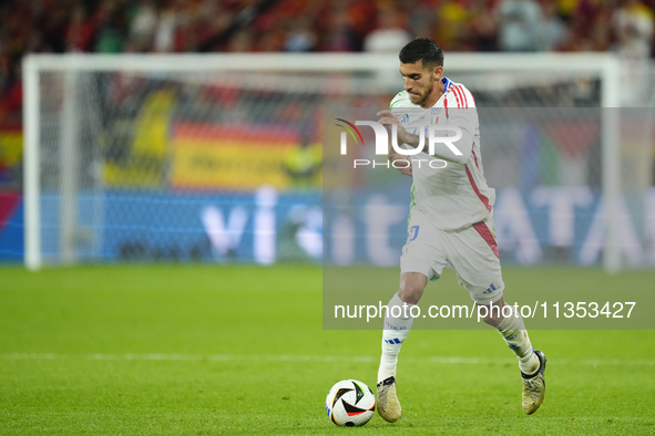 Lorenzo Pellegrini attacking midfield of Italy and AS Roma during the UEFA EURO 2024 group stage match between Spain and Italy at Arena AufS...