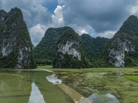 Vehicles are driving on a ''water highway'' formed by floods along a rural road in Chongzuo, China, on June 23, 2024. (