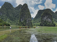 Vehicles are driving on a ''water highway'' formed by floods along a rural road in Chongzuo, China, on June 23, 2024. (