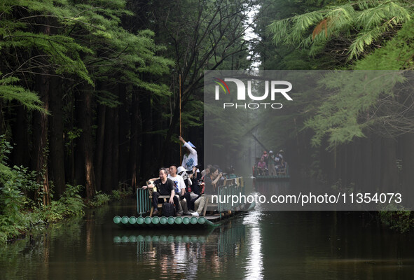 Tourists are riding a bamboo raft in the Golden Lake Water Forest Park in Huai'an, China, on June 22, 2024. 