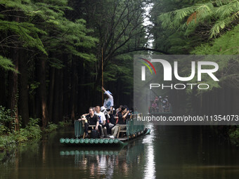 Tourists are riding a bamboo raft in the Golden Lake Water Forest Park in Huai'an, China, on June 22, 2024. (