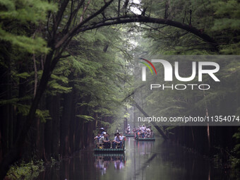 Tourists are riding a bamboo raft in the Golden Lake Water Forest Park in Huai'an, China, on June 22, 2024. (