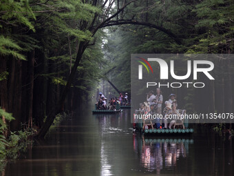 Tourists are riding a bamboo raft in the Golden Lake Water Forest Park in Huai'an, China, on June 22, 2024. (