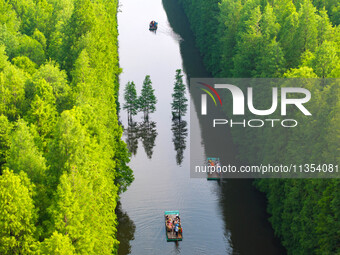 Tourists are riding a bamboo raft in the Golden Lake Water Forest Park in Huai'an, China, on June 22, 2024. (