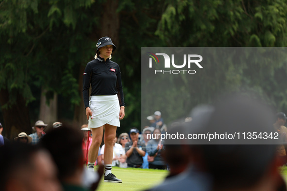 Madelene Sagstrom of Sweden reacts to her putt on the 8th green during Day Three of the KPMG Women's PGA Championship at Sahalee Country Clu...