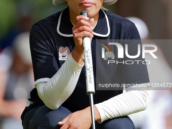 Amy Yang of Republic of Korea lines up her putt on the 14th green during the third round of the KPMG Women's PGA Championship at Sahalee Cou...