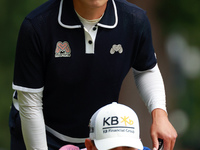 Amy Yang of Republic of Korea lines up her putt on the 14th green during the third round of the KPMG Women's PGA Championship at Sahalee Cou...