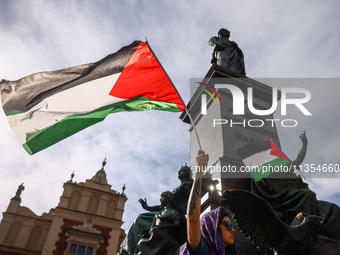 Palestinian flags are seen during a solidarity with Palestine demonstration at the Main Square in Krakow, Poland on June 20th, 2024. (