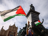 Palestinian flags are seen during a solidarity with Palestine demonstration at the Main Square in Krakow, Poland on June 20th, 2024. (