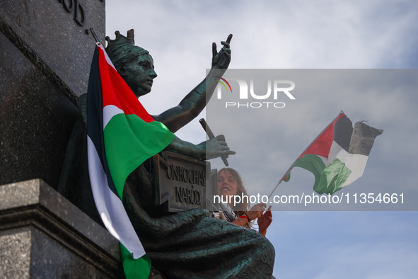 Palestinian flags are seen during a solidarity with Palestine demonstration at the Main Square in Krakow, Poland on June 20th, 2024. 