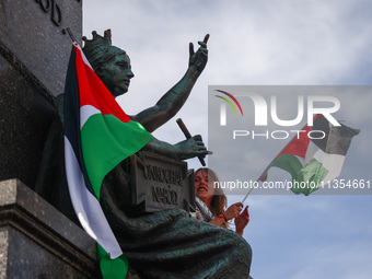 Palestinian flags are seen during a solidarity with Palestine demonstration at the Main Square in Krakow, Poland on June 20th, 2024. (